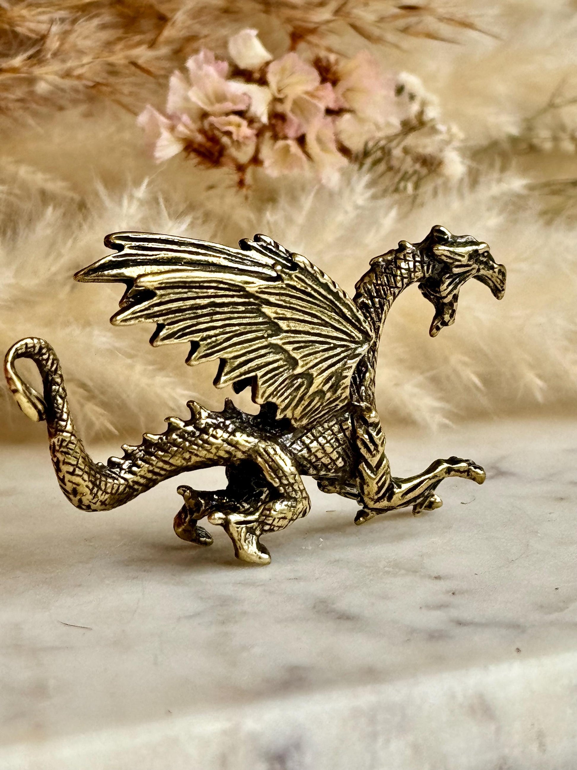 Dragon breathing fire solid brass miniature, Western dragon Statue, golden dragon statuette, Beautiful fighting dragon ornament