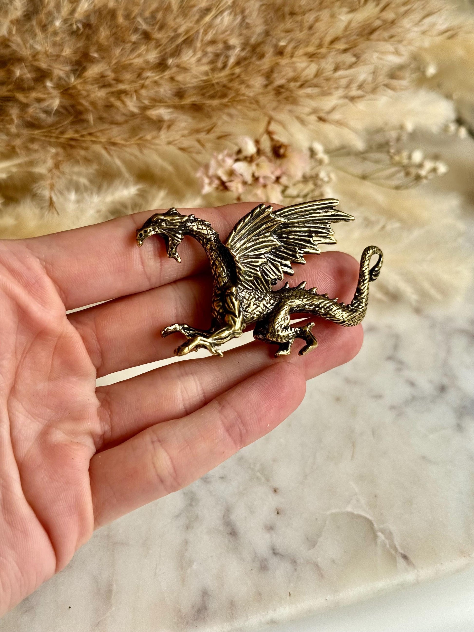 Dragon breathing fire solid brass miniature, Western dragon Statue, golden dragon statuette, Beautiful fighting dragon ornament