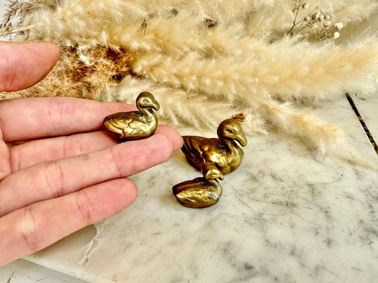 Antique Solid Brass Decorative Figurine: Three Ducks - Mother Duck with Two Baby Ducks, collectible brass bird statuettes