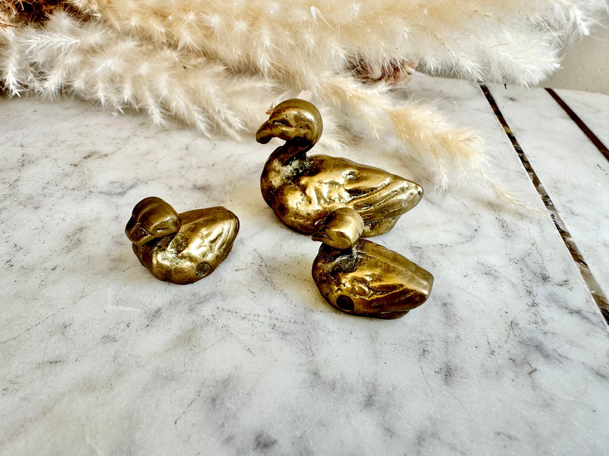 Antique Solid Brass Decorative Figurine: Three Ducks - Mother Duck with Two Baby Ducks, collectible brass bird statuettes