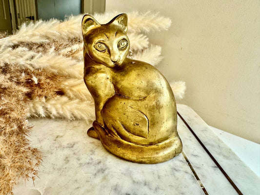 Large Timeless Cat Décor, Unique Vintage Solid Brass Cat Figurine, Rare Large and Heavy Siamese Cat sculpture