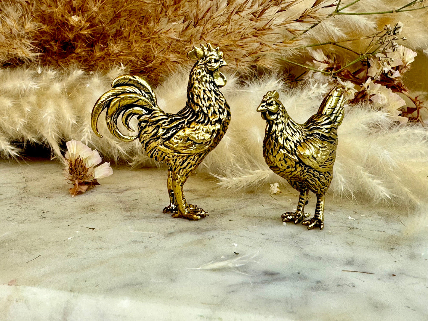 Solid brass Chicken family brass figurine, Rooster and hen miniature, Chicken decorative small figurine, Brass Collectibles, Country Decor