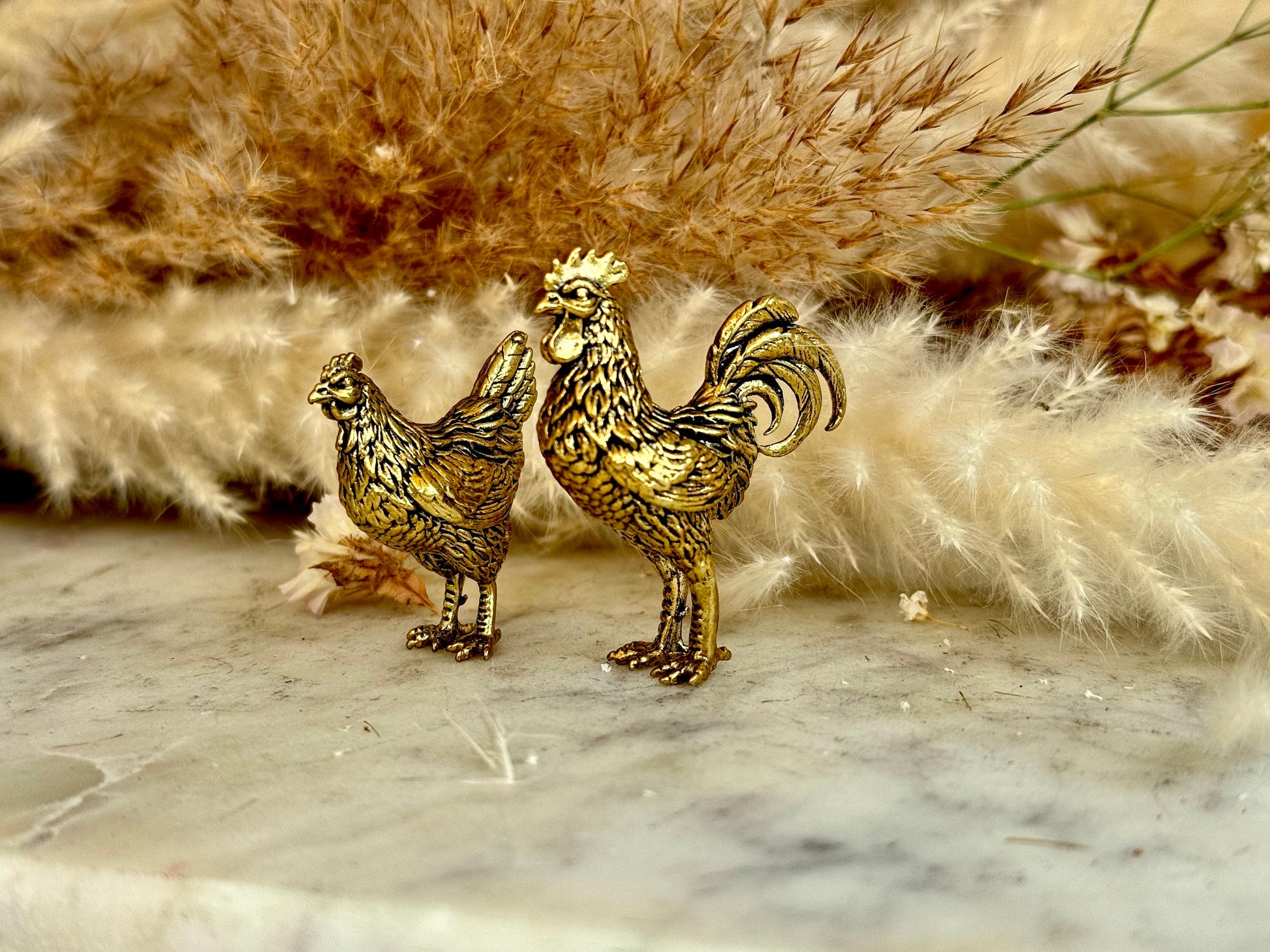 Solid brass Chicken family brass figurine, Rooster and hen miniature, Chicken decorative small figurine, Brass Collectibles, Country Decor