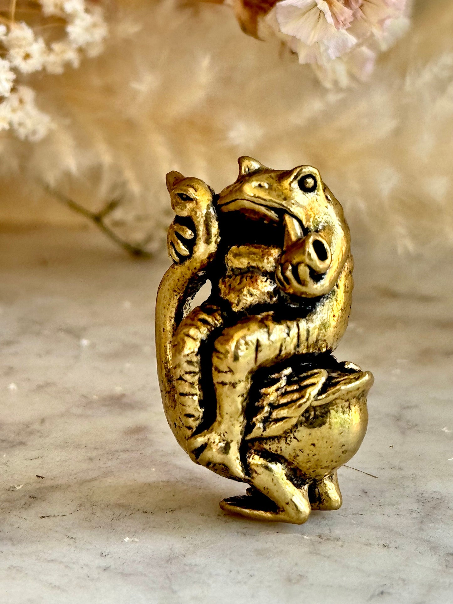 Brass Wise Frog and Goose Figurine, Brass Frog ornament, Whimsical Animal Sculpture, Frog smokes a pipe miniature