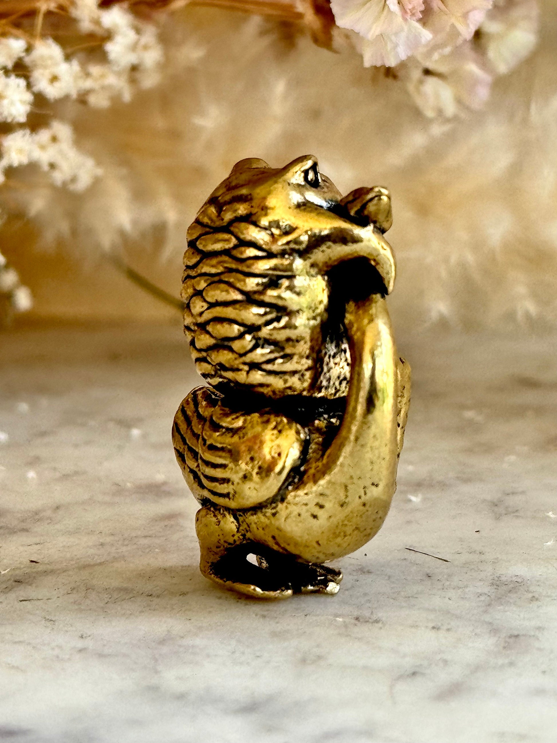 Brass Wise Frog and Goose Figurine, Brass Frog ornament, Whimsical Animal Sculpture, Frog smokes a pipe miniature