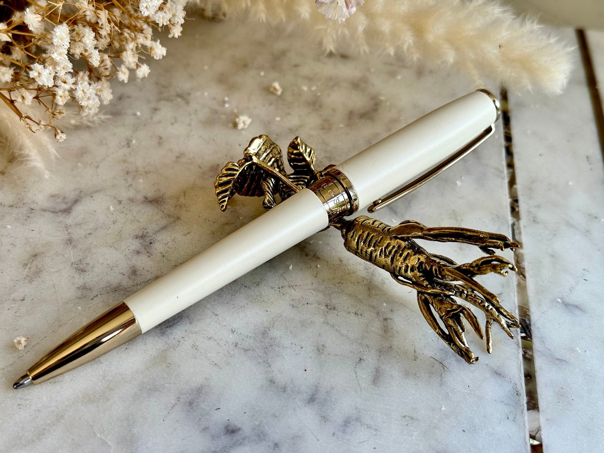 Brass Ginseng Root Fountain Pen Holder and Decorative Desk Ornament - Unique Herbal Sculpture