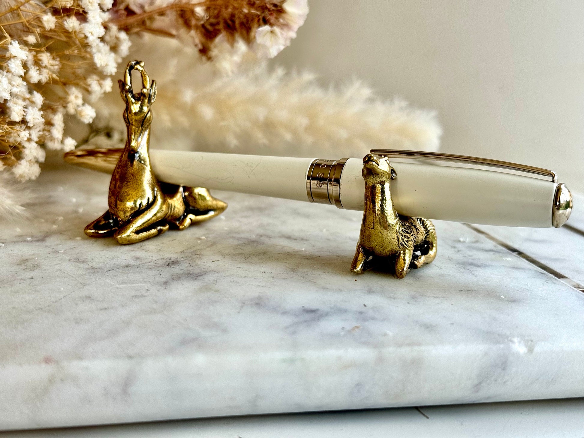 Beautiful Brass Sika Deer Desk Ornaments and Pen Rest - traditional Style Animal Figurines, Decorative Desk Accessories for Home Decor