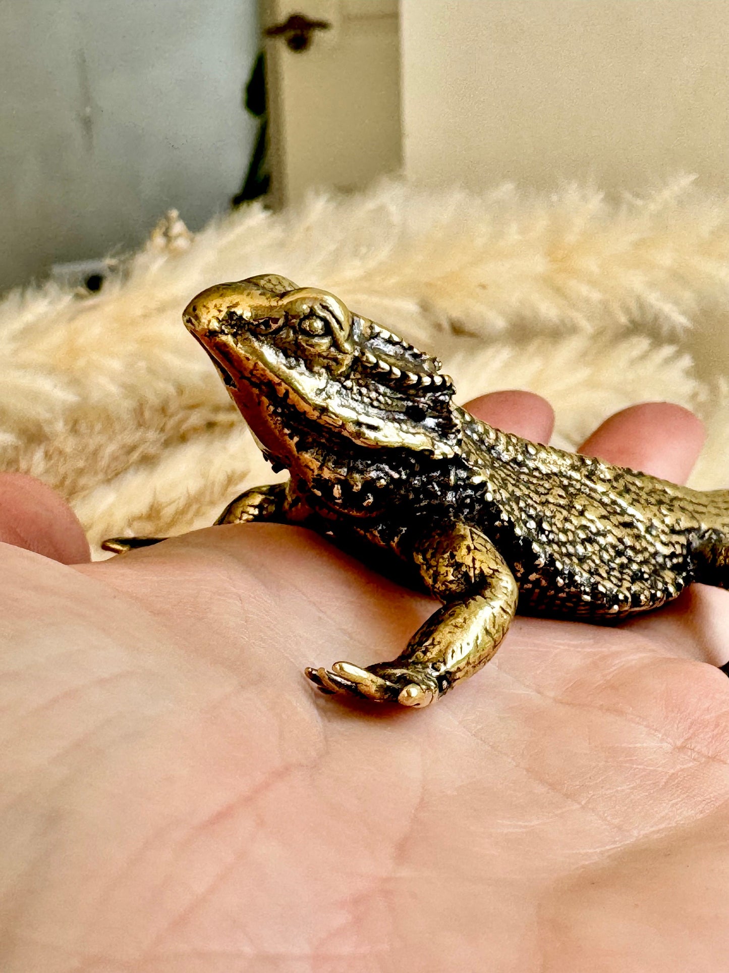 Fine lifelike Brass Bearded dragon Miniature, dragon sculpture, lizard figurine, solid brass figurine, Iguana ornament, metal reptile