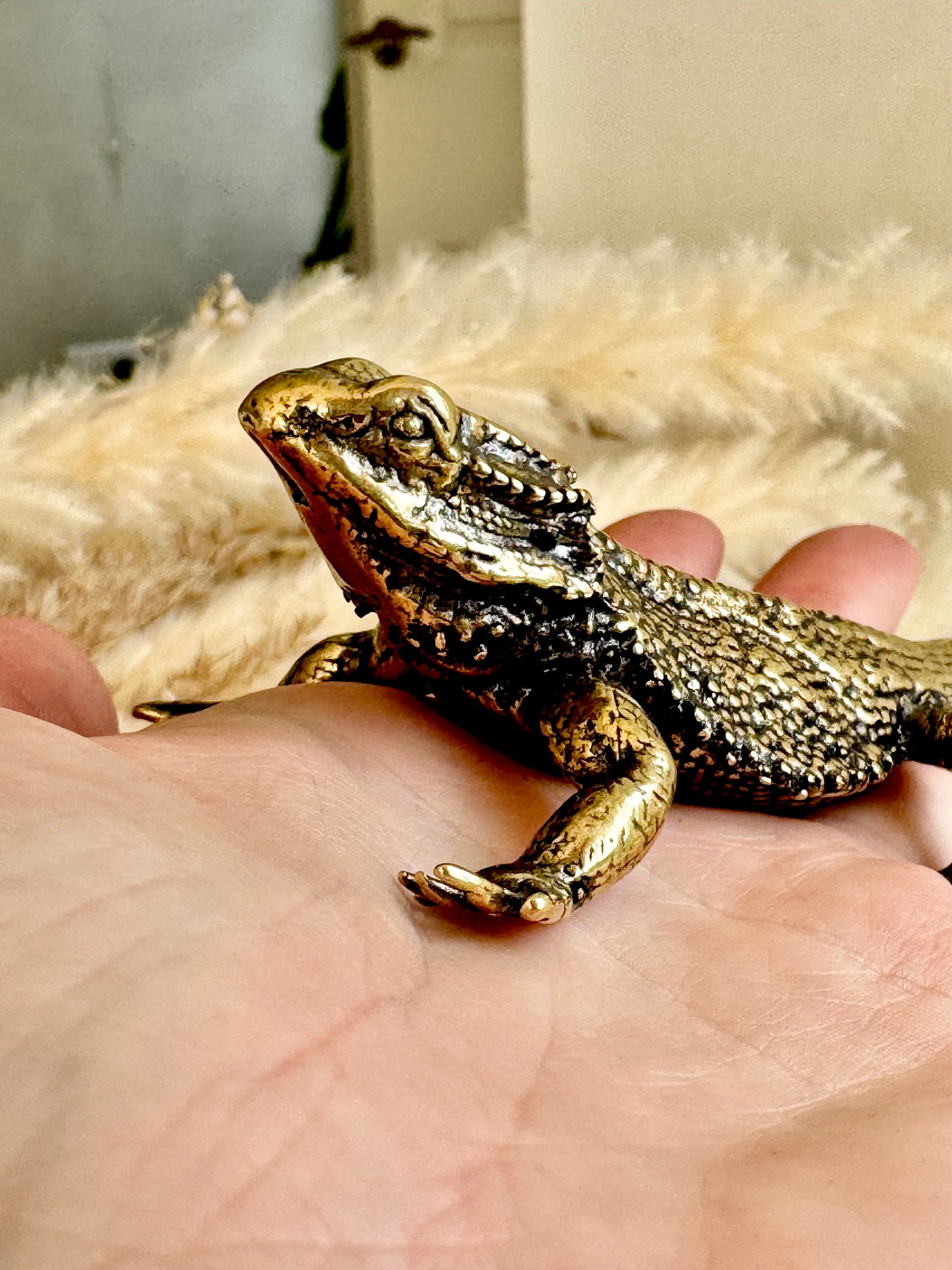 Fine lifelike Brass Bearded dragon Miniature, dragon sculpture, lizard figurine, solid brass figurine, Iguana ornament, metal reptile