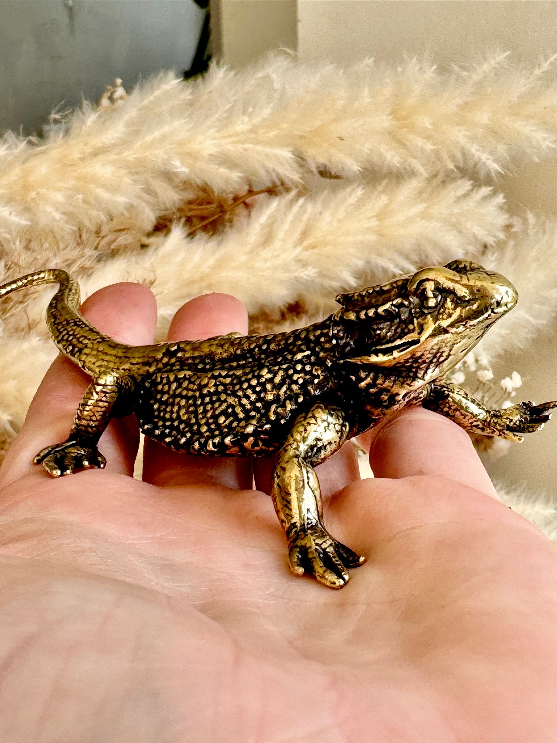 Fine lifelike Brass Bearded dragon Miniature, dragon sculpture, lizard figurine, solid brass figurine, Iguana ornament, metal reptile