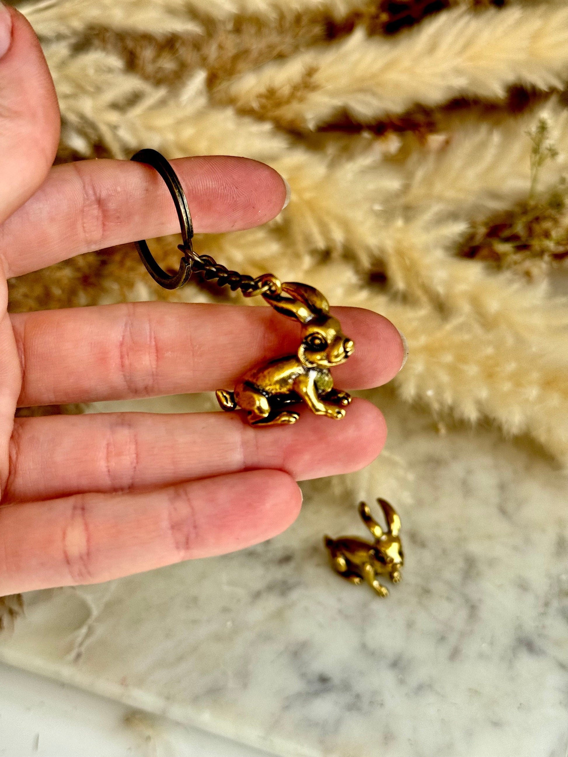 Cute rabbit solid brass keyring, little bunny figurine, rabbit fob, Solid Brass pendant