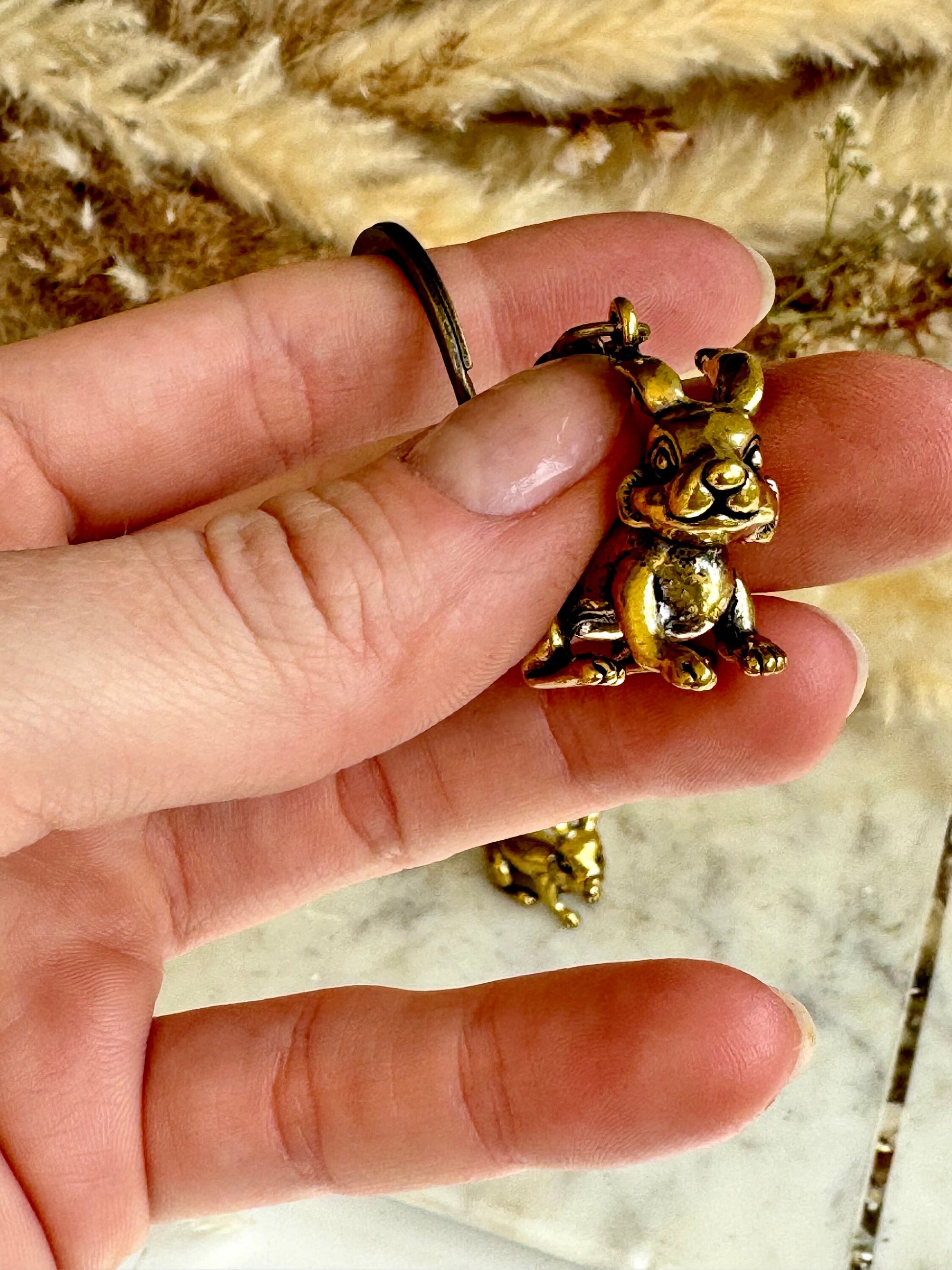 Cute rabbit solid brass keyring, little bunny figurine, rabbit fob, Solid Brass pendant