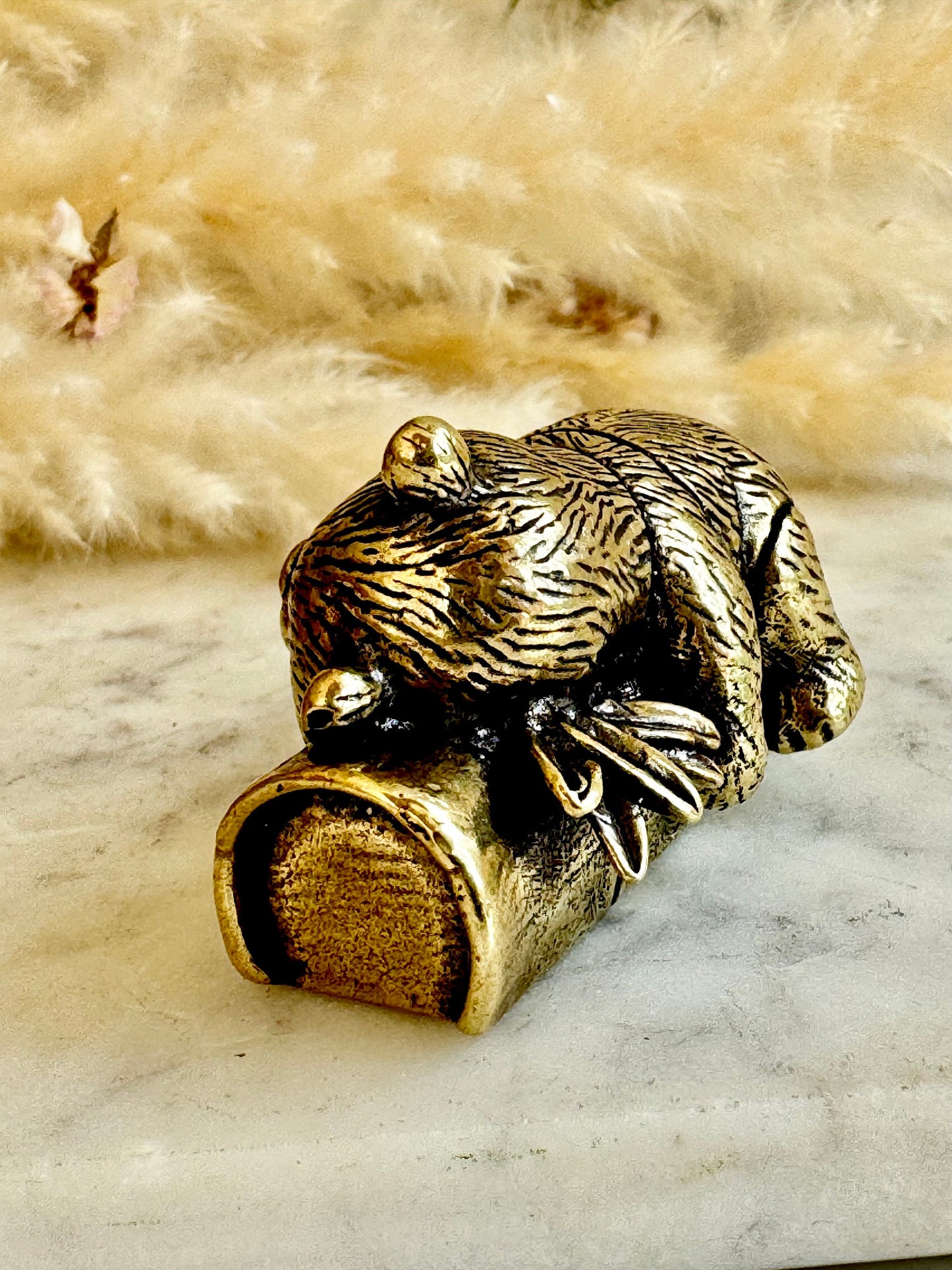 Endearing Baby Panda figurine, Solid brass sleeping panda miniature, Panda with Bamboo sculpture, panda paperweight, Small but heavy panda