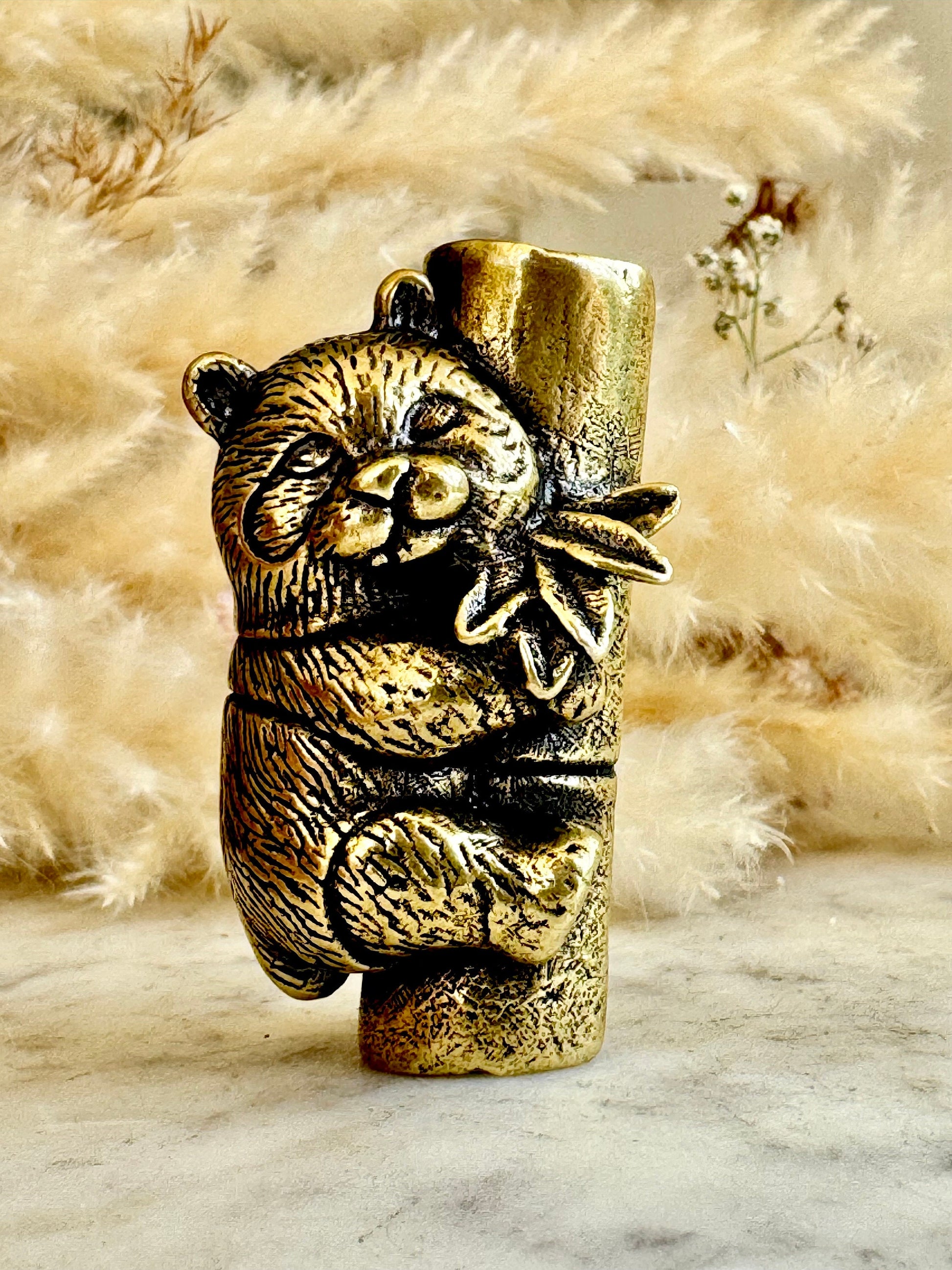 Endearing Baby Panda figurine, Solid brass sleeping panda miniature, Panda with Bamboo sculpture, panda paperweight, Small but heavy panda