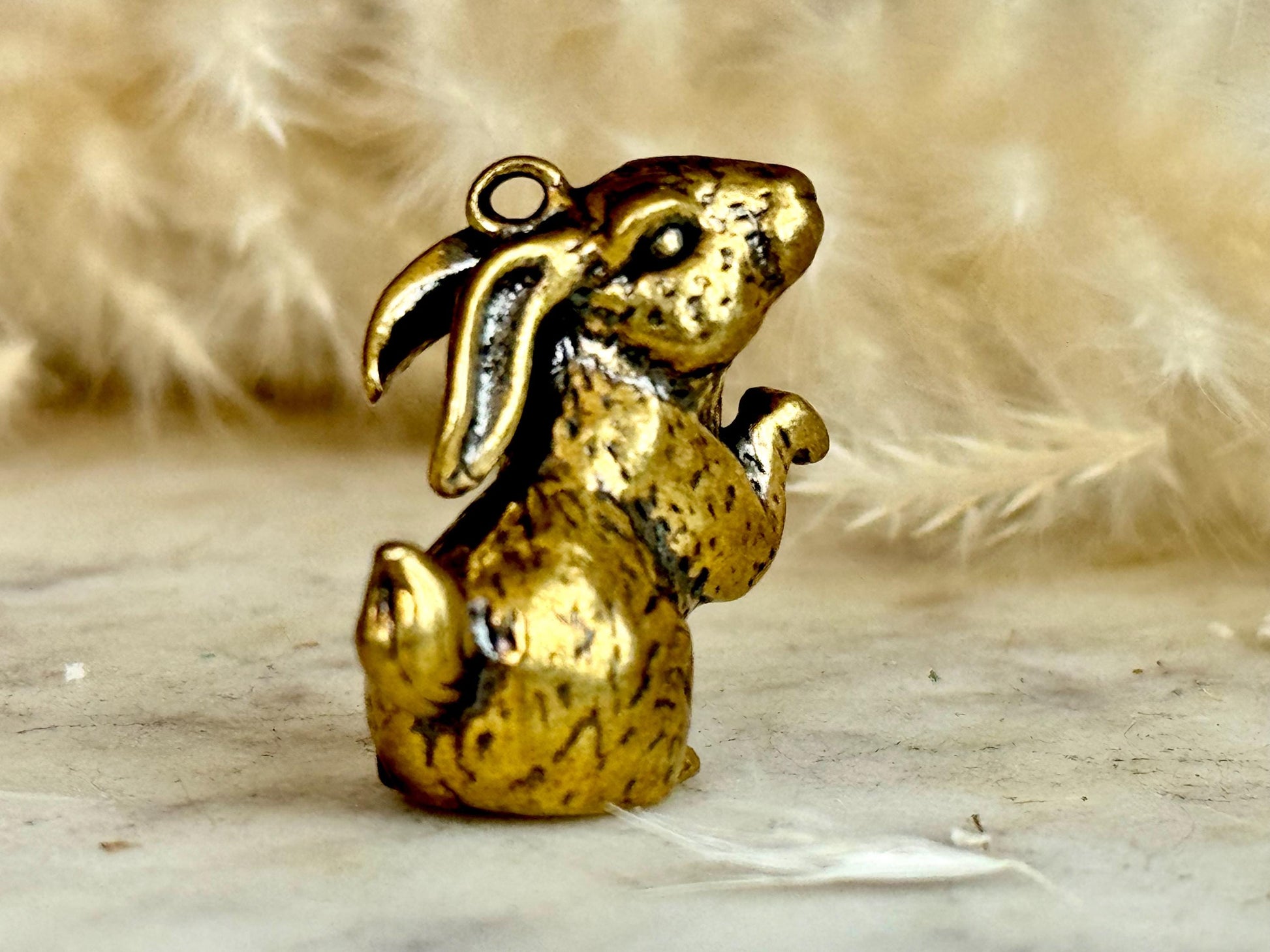 Solid brass adorable bunny pendant, metal rabbit figurine, happy hare charm, bunny gentlemen ornament