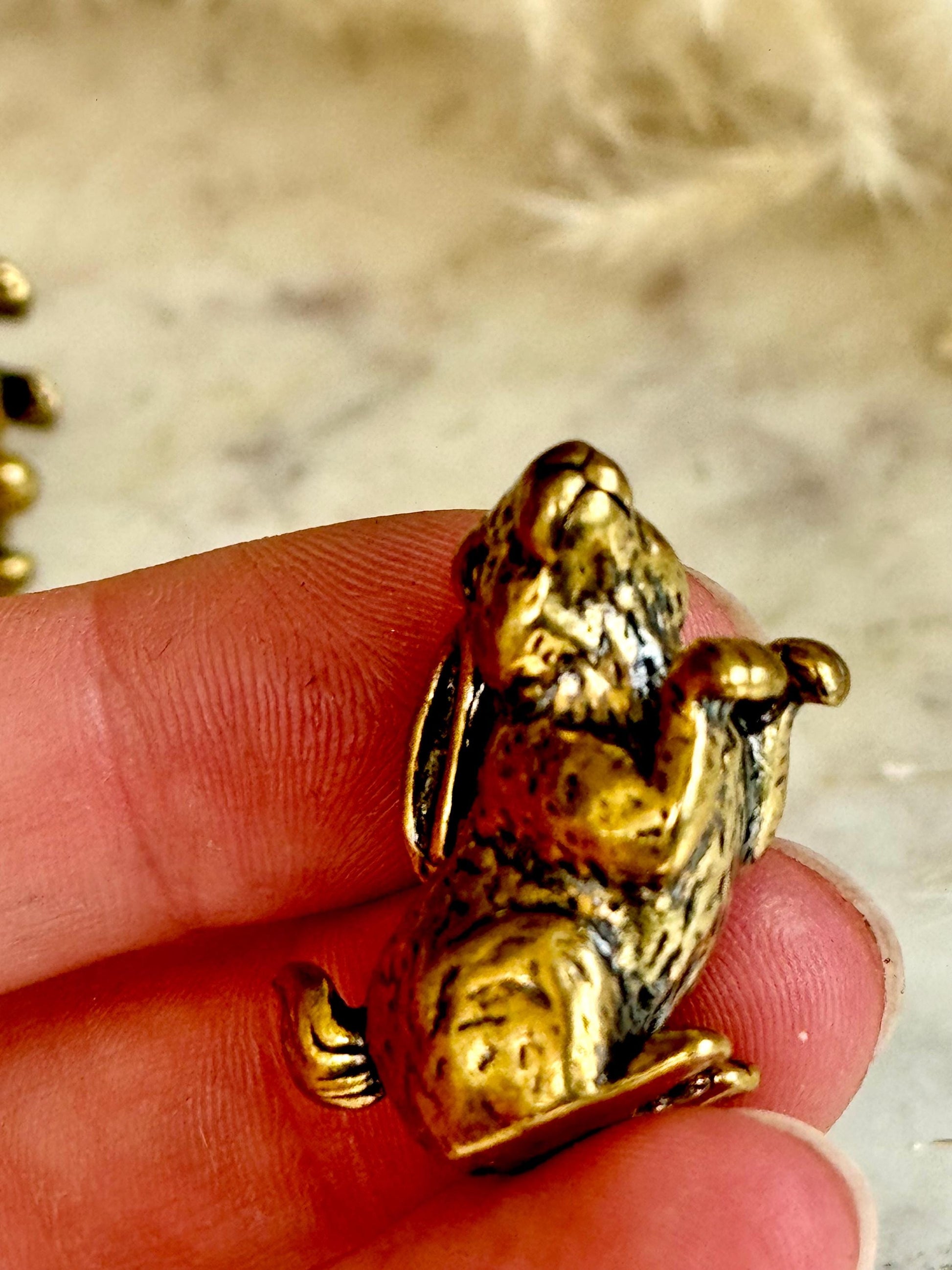 Solid brass adorable bunny pendant, metal rabbit figurine, happy hare charm, bunny gentlemen ornament