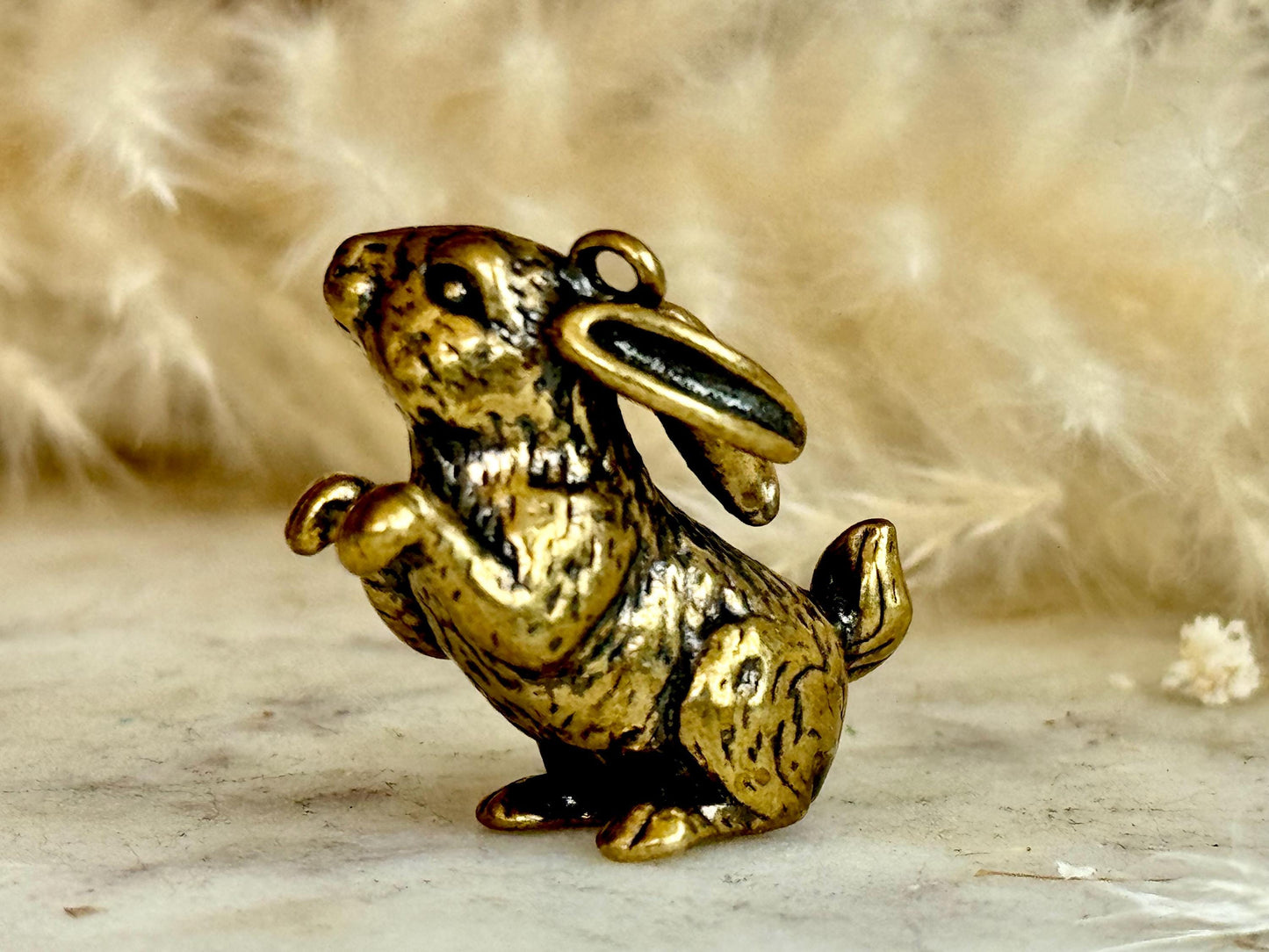 Solid brass adorable bunny pendant, metal rabbit figurine, happy hare charm, bunny gentlemen ornament