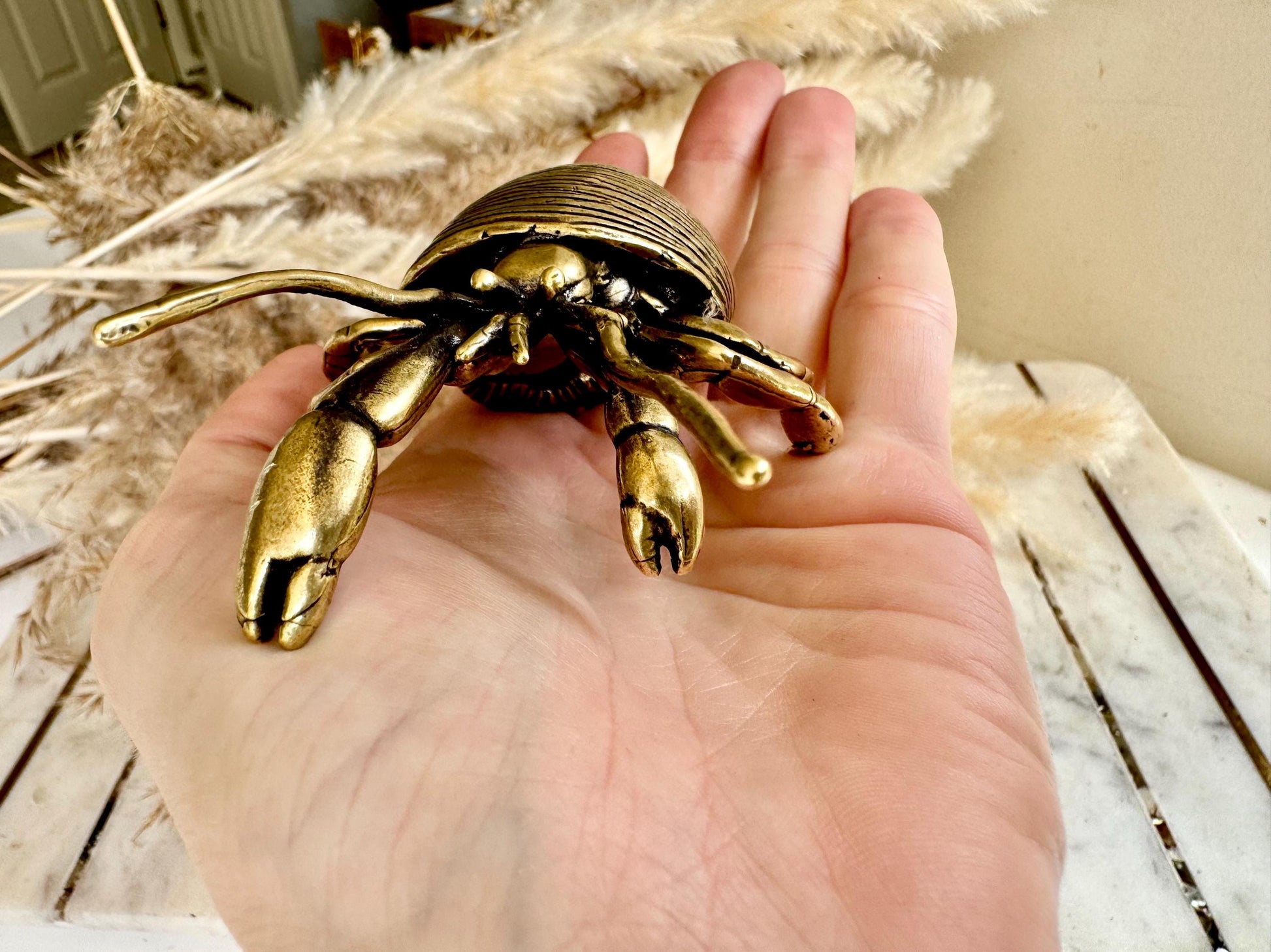 Big Solid Brass Hermit Crab Ornament, seashell figurine, ocean art mollusc miniature, sea-themed decoration, Big crab paperweight