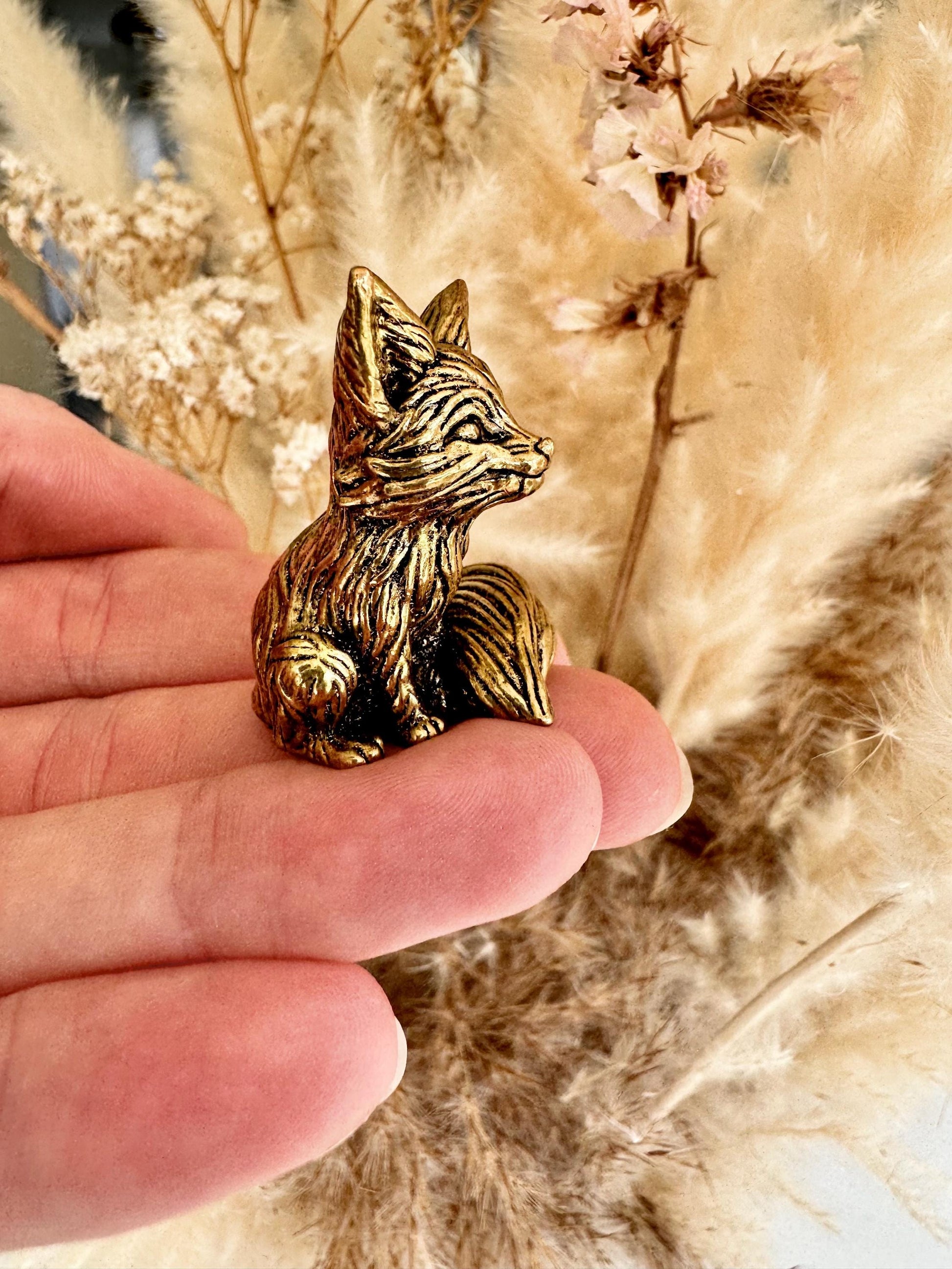 Cute statuette of baby fennec fox, solid brass fox figurine, adorable desktop decoration fox, fox pup ornament