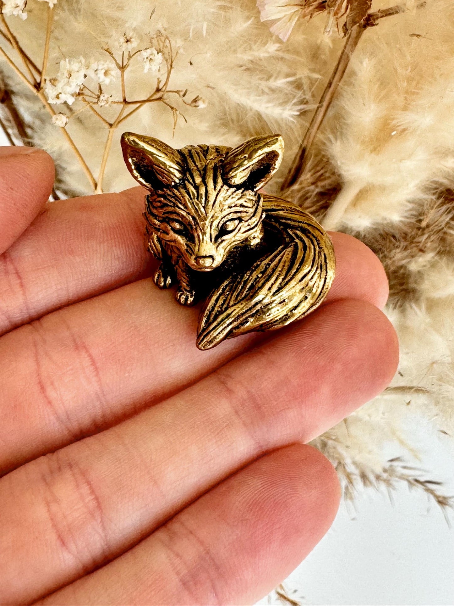Cute statuette of baby fennec fox, solid brass fox figurine, adorable desktop decoration fox, fox pup ornament