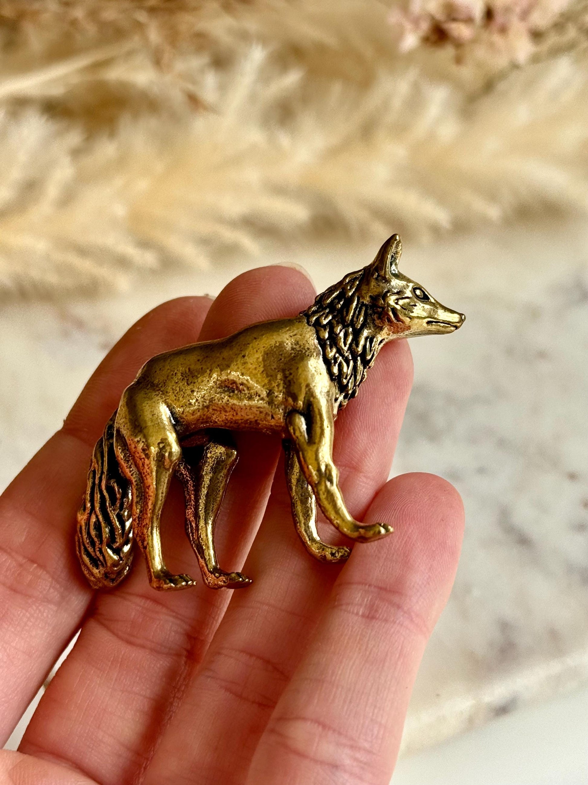 Fine statuette of grey fox, solid brass fox figurine, wild life desktop decoration, brush stand, creative little fox gift
