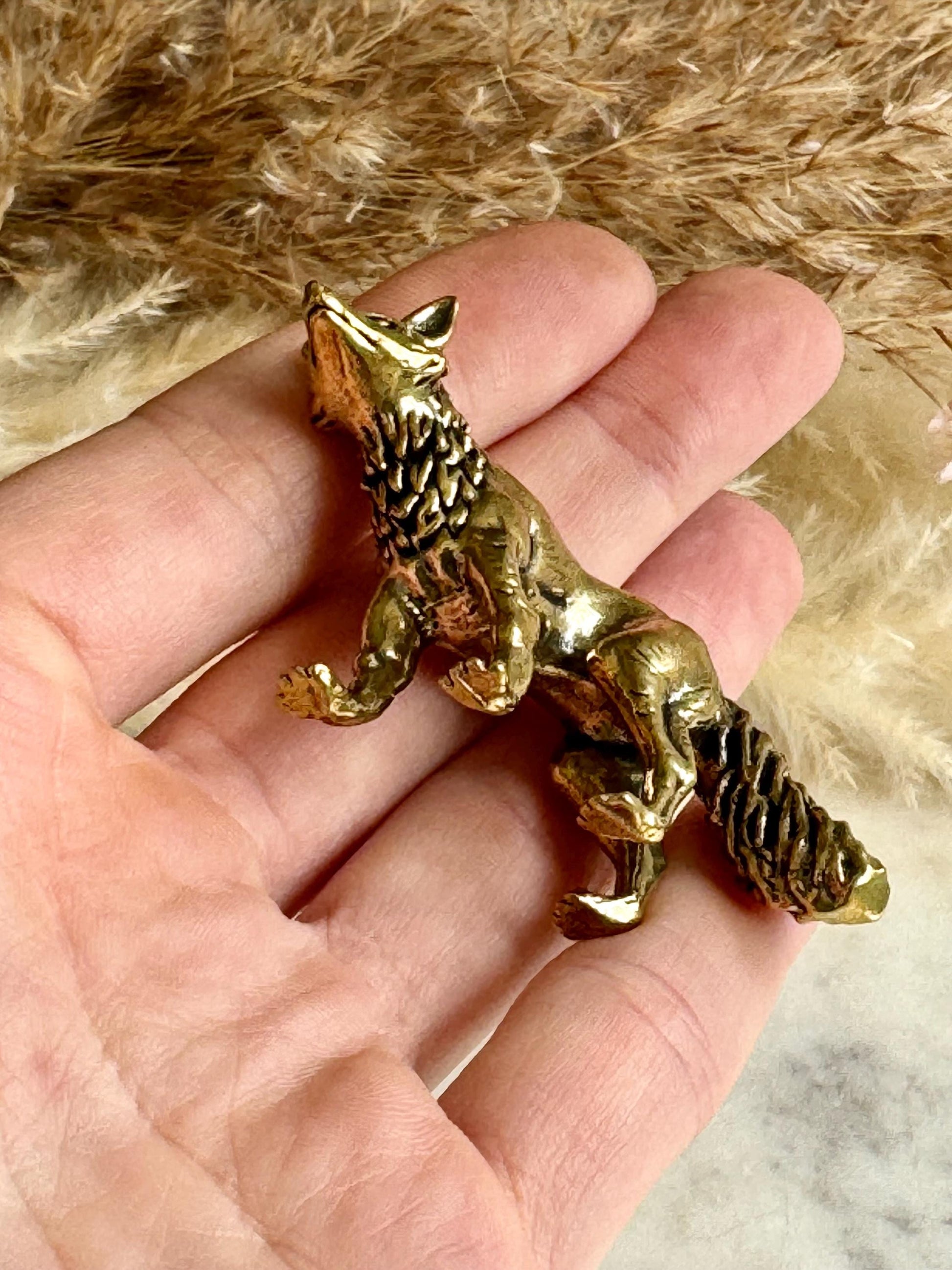 Fine statuette of grey fox, solid brass fox figurine, wild life desktop decoration, brush stand, creative little fox gift