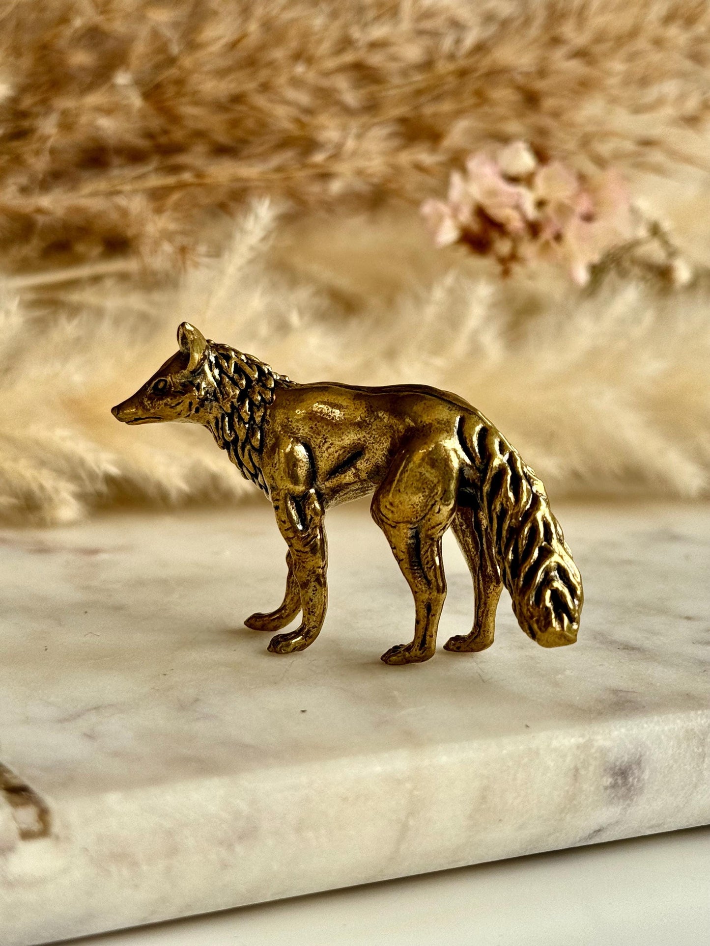 Fine statuette of grey fox, solid brass fox figurine, wild life desktop decoration, brush stand, creative little fox gift