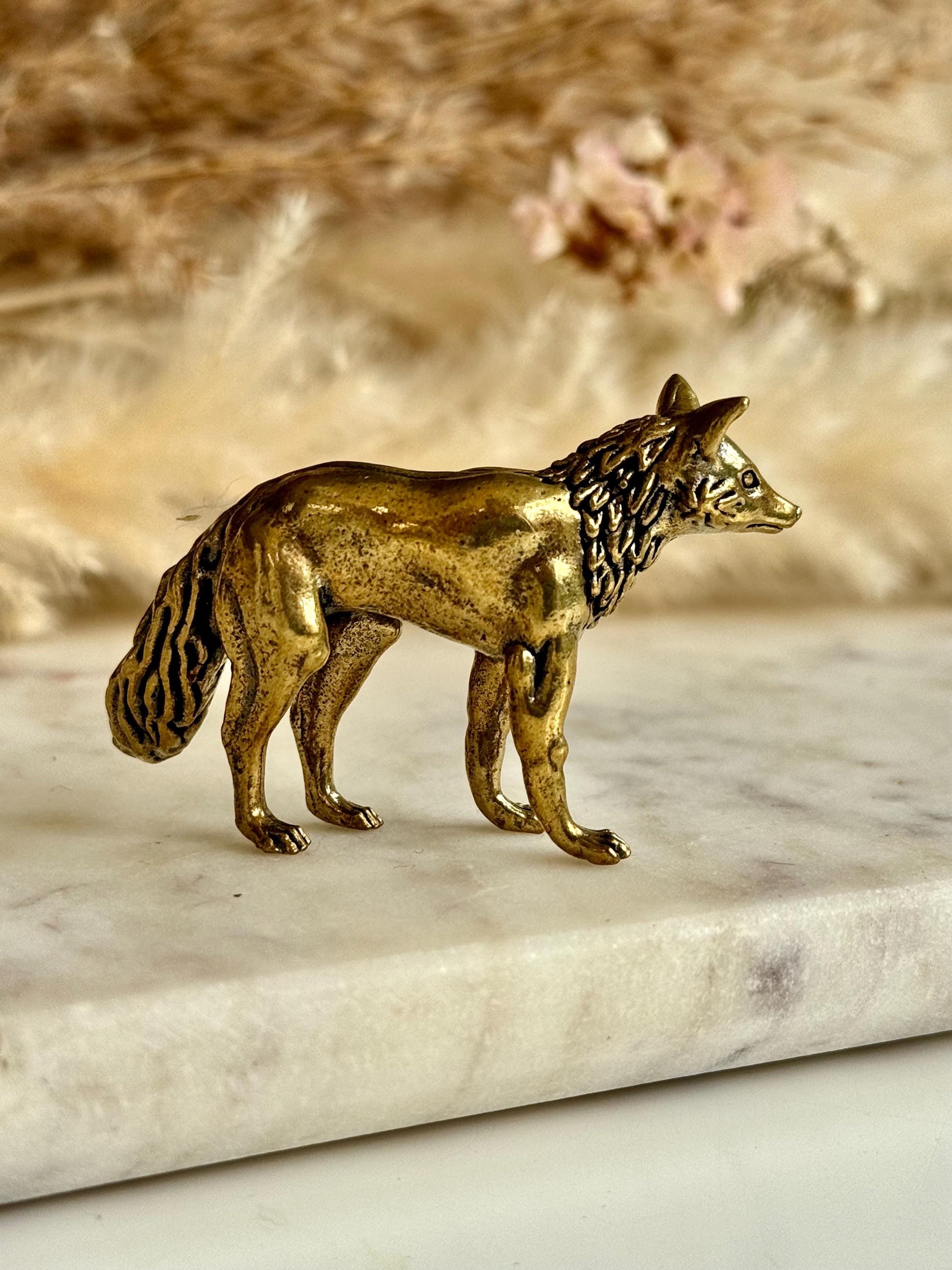 Fine statuette of grey fox, solid brass fox figurine, wild life desktop decoration, brush stand, creative little fox gift