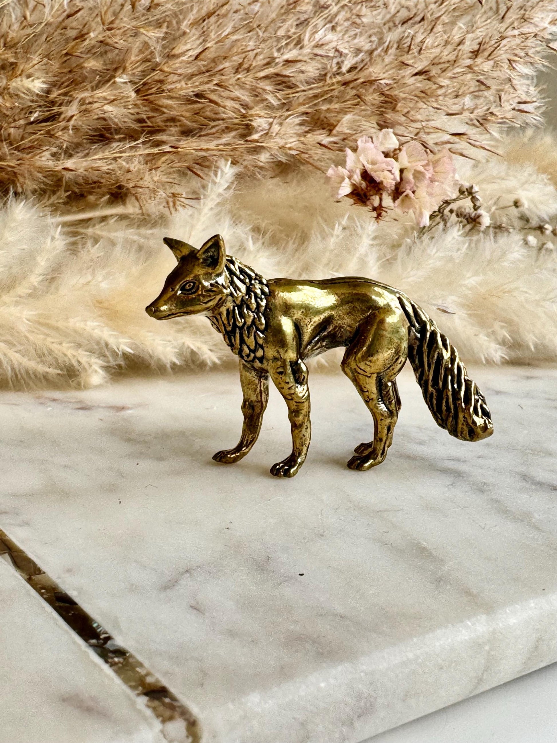 Fine statuette of grey fox, solid brass fox figurine, wild life desktop decoration, brush stand, creative little fox gift