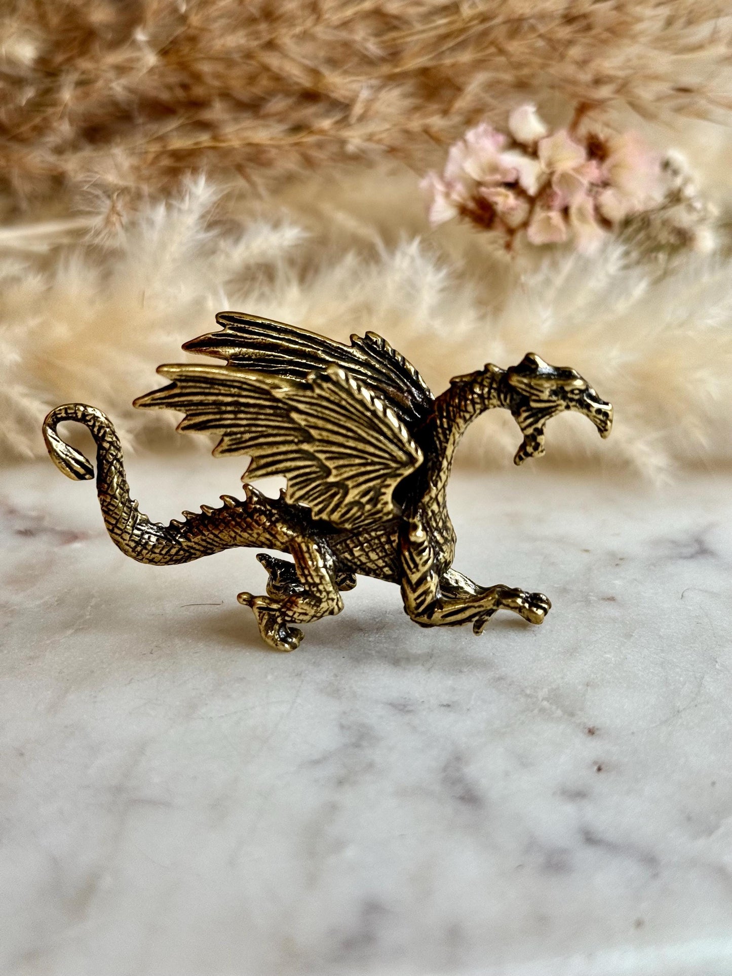 Dragon breathing fire solid brass miniature, Western dragon Statue, golden dragon statuette, Beautiful fighting dragon ornament