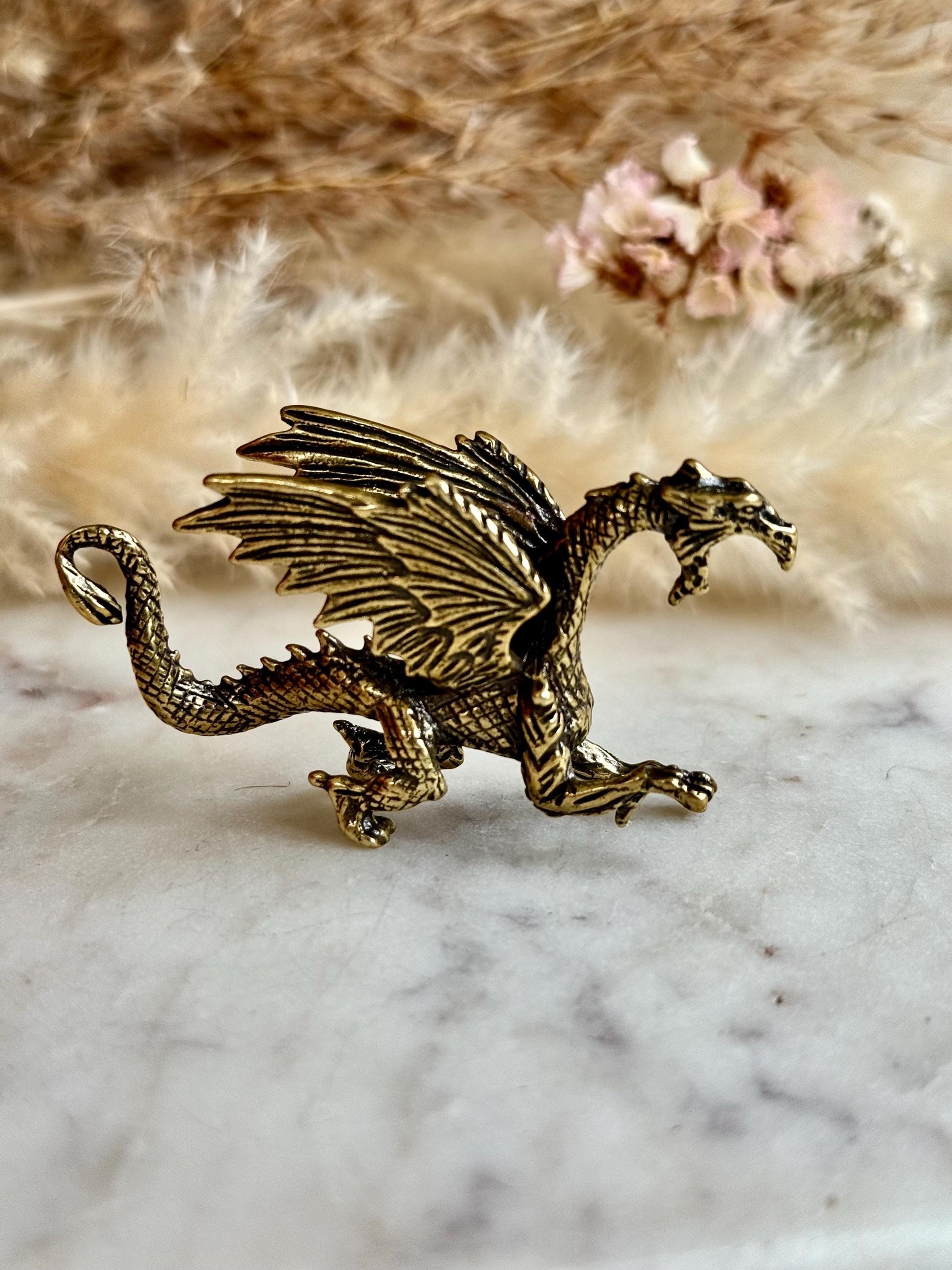 Dragon breathing fire solid brass miniature, Western dragon Statue, golden dragon statuette, Beautiful fighting dragon ornament