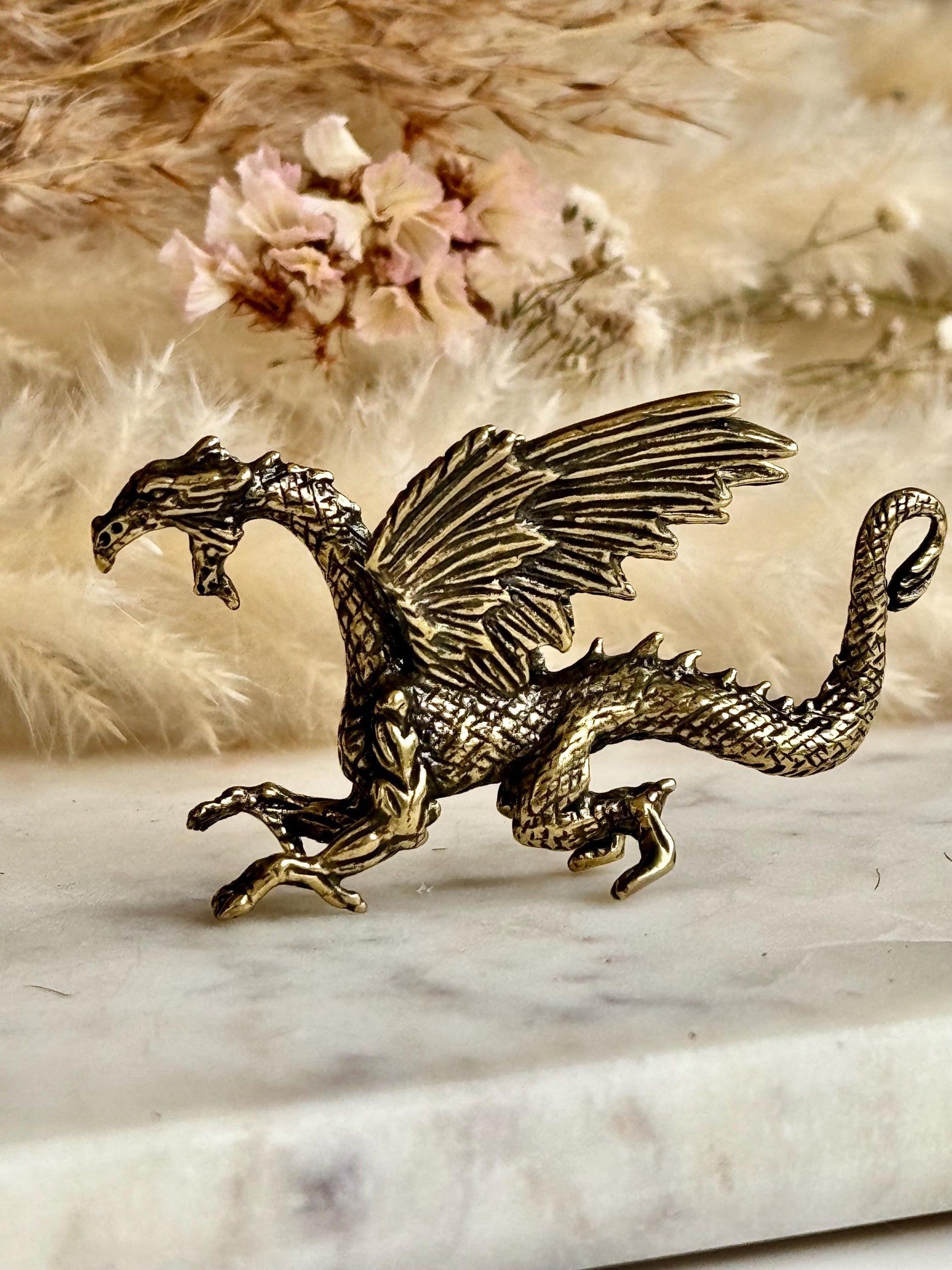 Dragon breathing fire solid brass miniature, Western dragon Statue, golden dragon statuette, Beautiful fighting dragon ornament