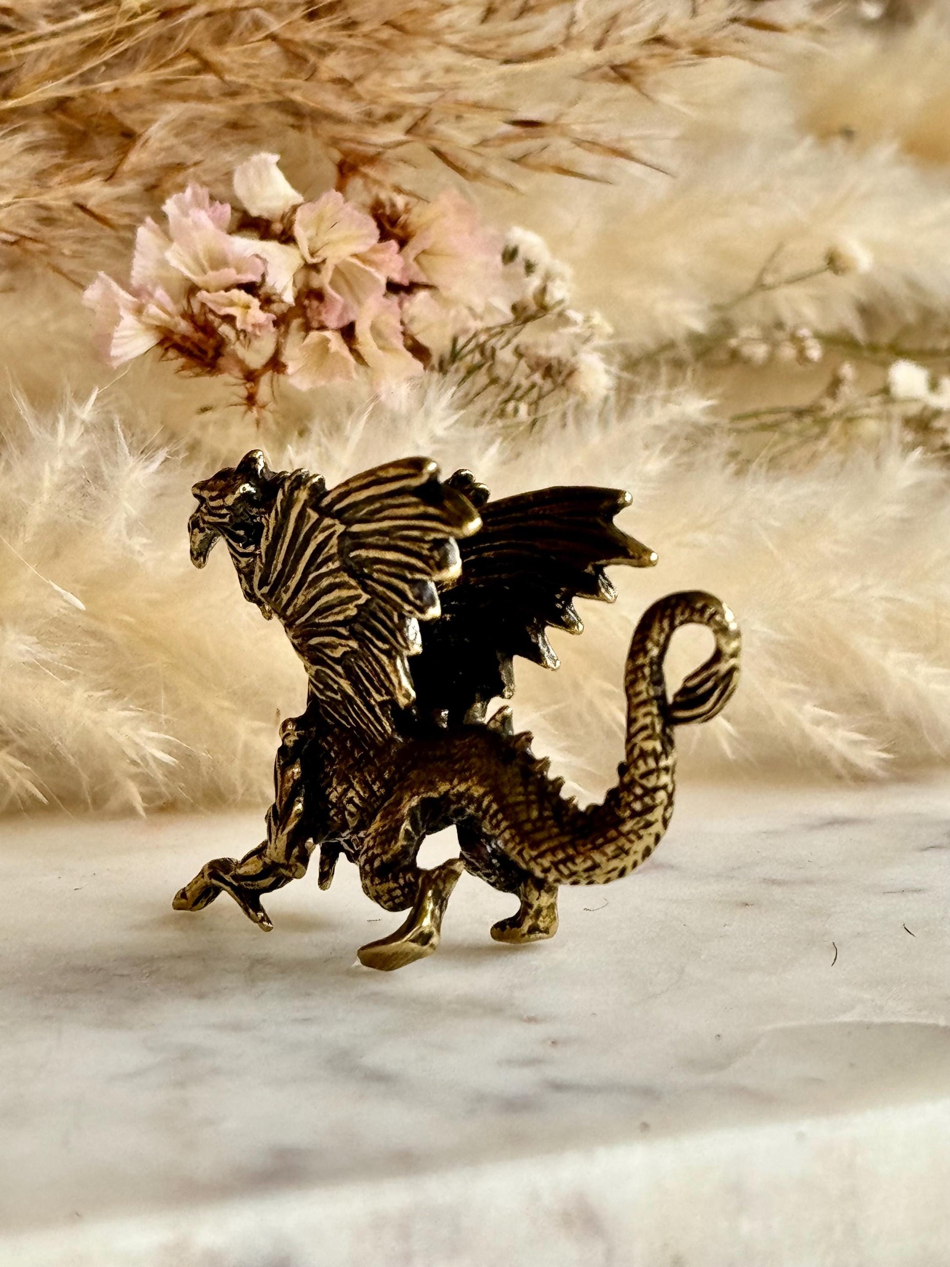 Dragon breathing fire solid brass miniature, Western dragon Statue, golden dragon statuette, Beautiful fighting dragon ornament