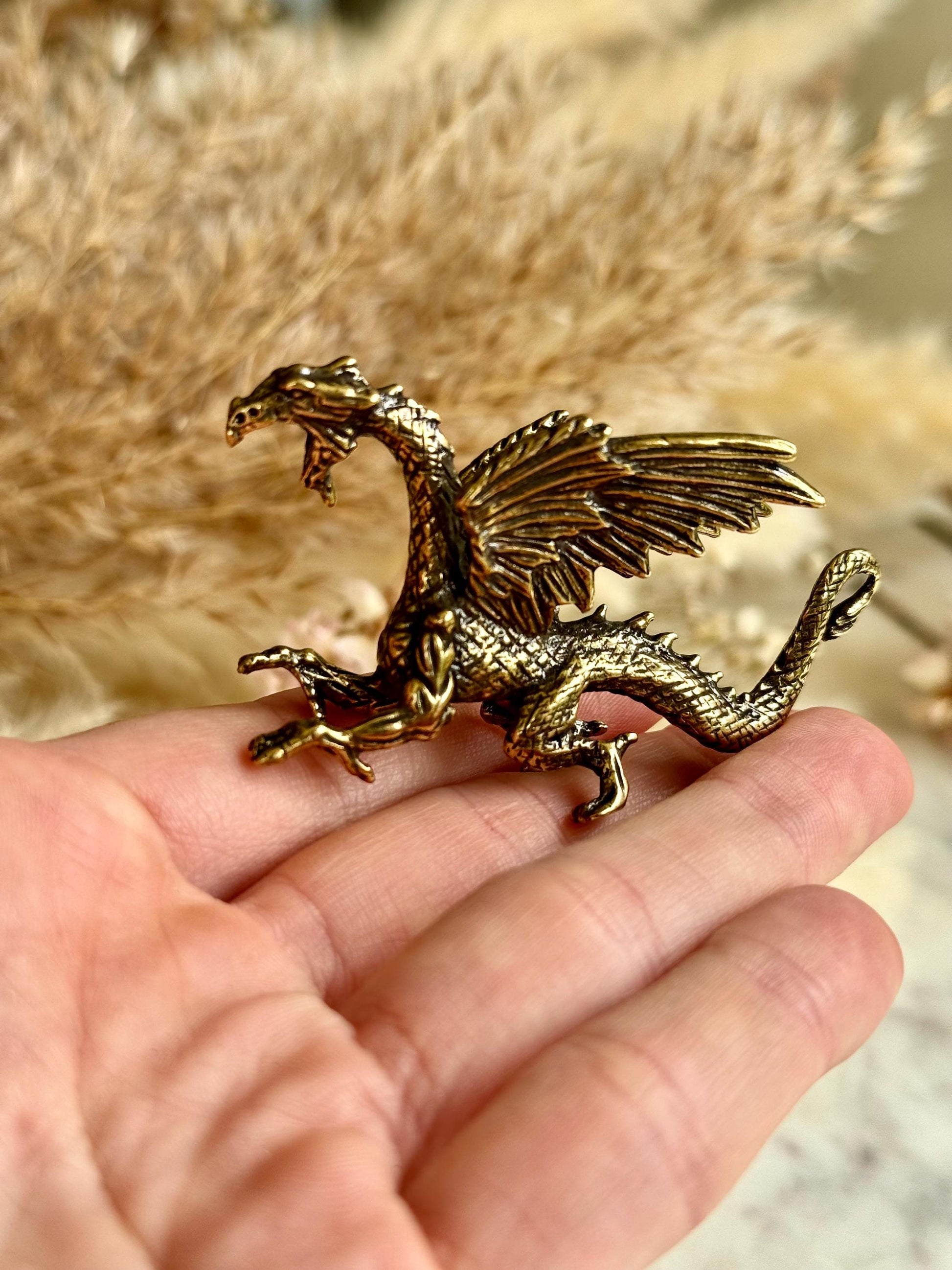Dragon breathing fire solid brass miniature, Western dragon Statue, golden dragon statuette, Beautiful fighting dragon ornament