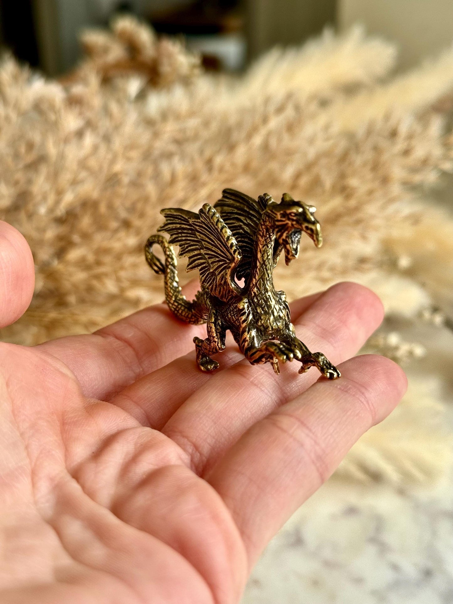 Dragon breathing fire solid brass miniature, Western dragon Statue, golden dragon statuette, Beautiful fighting dragon ornament