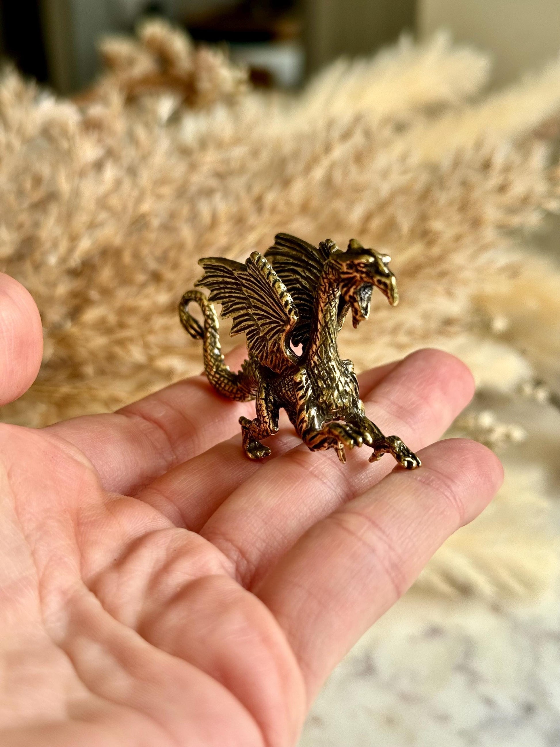 Dragon breathing fire solid brass miniature, Western dragon Statue, golden dragon statuette, Beautiful fighting dragon ornament