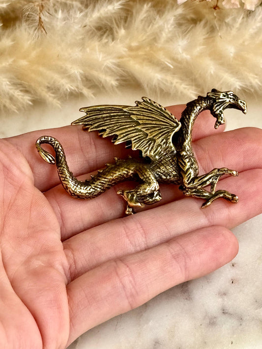 Dragon breathing fire solid brass miniature, Western dragon Statue, golden dragon statuette, Beautiful fighting dragon ornament