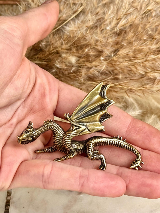 Beautiful Dragon solid brass miniature, Western dragon Statue, golden dragon statuette, Beautiful fighting dragon ornament
