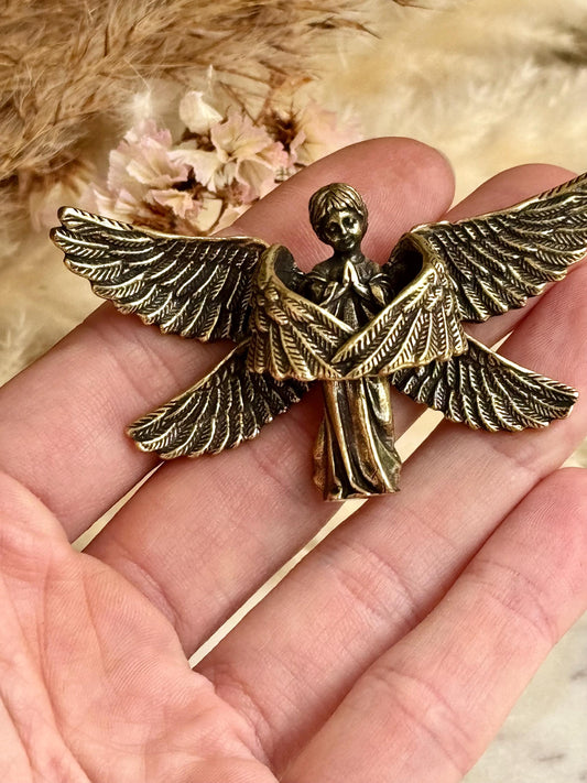 Solid brass Angel protector figurine, Guardian ornament, Brass angel with six wings figurine, Christmas gift, praying angel statue
