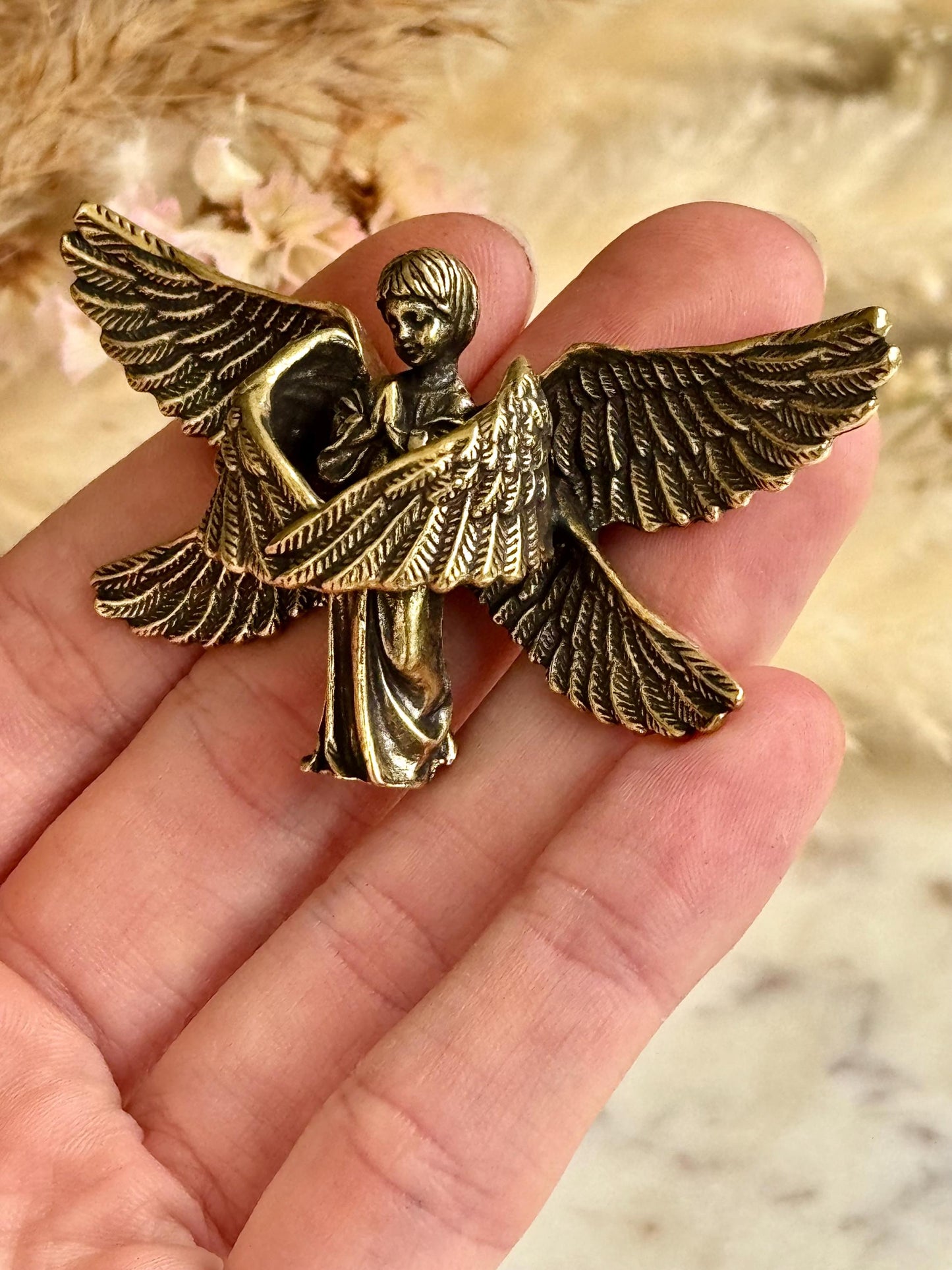 Solid brass Angel protector figurine, Guardian ornament, Brass angel with six wings figurine, Christmas gift, praying angel statue