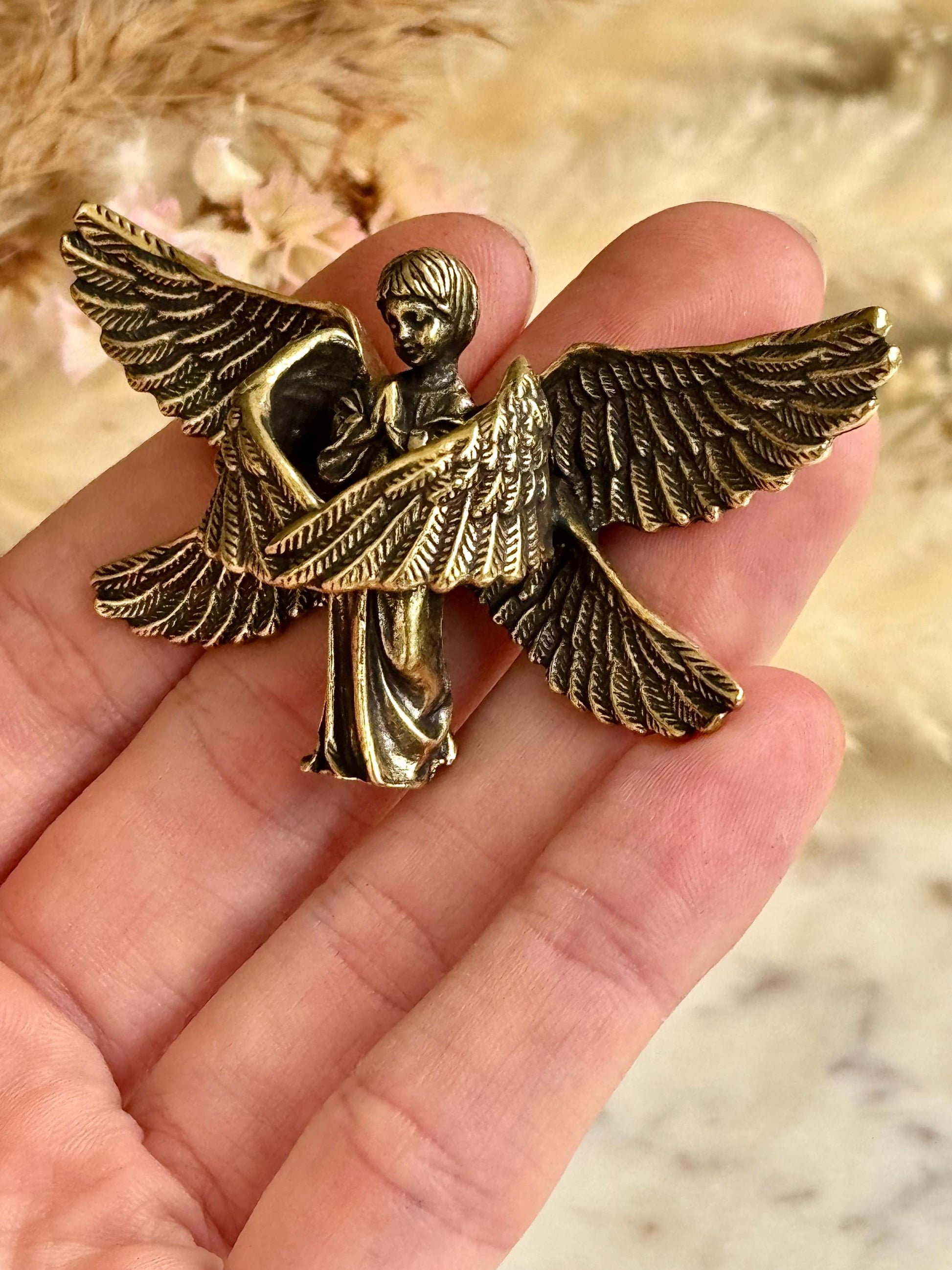 Solid brass Angel protector figurine, Guardian ornament, Brass angel with six wings figurine, Christmas gift, praying angel statue