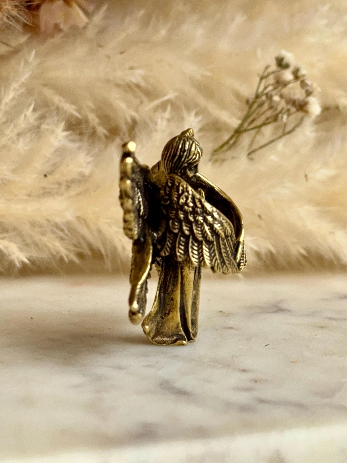 Solid brass Angel protector figurine, Guardian ornament, Brass angel with six wings figurine, Christmas gift, praying angel statue