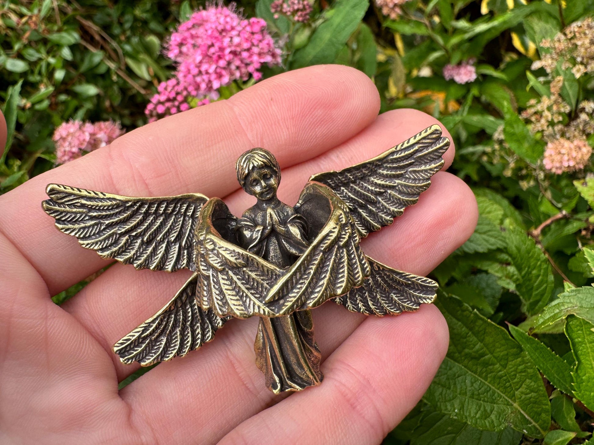 Solid brass Angel protector figurine, Guardian ornament, Brass angel with six wings figurine, Christmas gift, praying angel statue