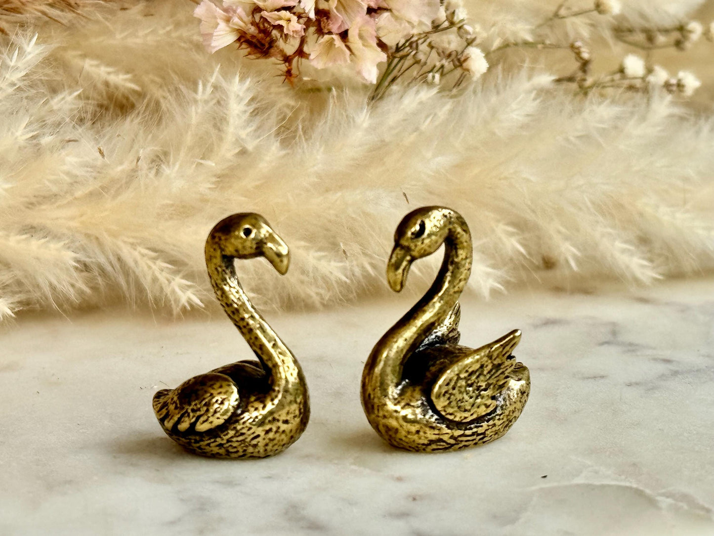 Pair of Solid brass couple of Swans figurines, tiny swans ornament, love talisman statue, Japanese style figurine, Small Flamingo statue