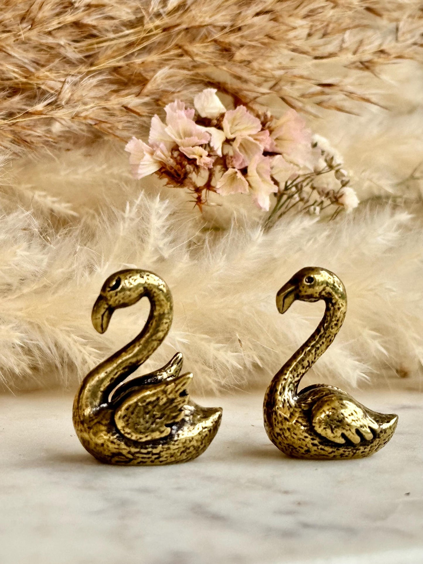 Pair of Solid brass couple of Swans figurines, tiny swans ornament, love talisman statue, Japanese style figurine, Small Flamingo statue