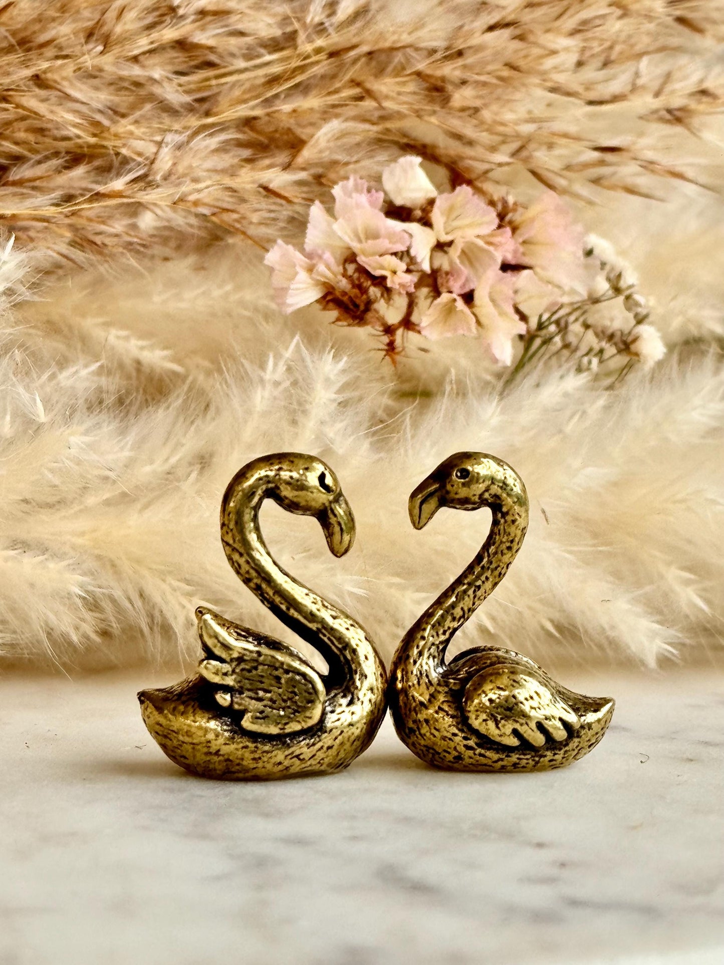 Pair of Solid brass couple of Swans figurines, tiny swans ornament, love talisman statue, Japanese style figurine, Small Flamingo statue