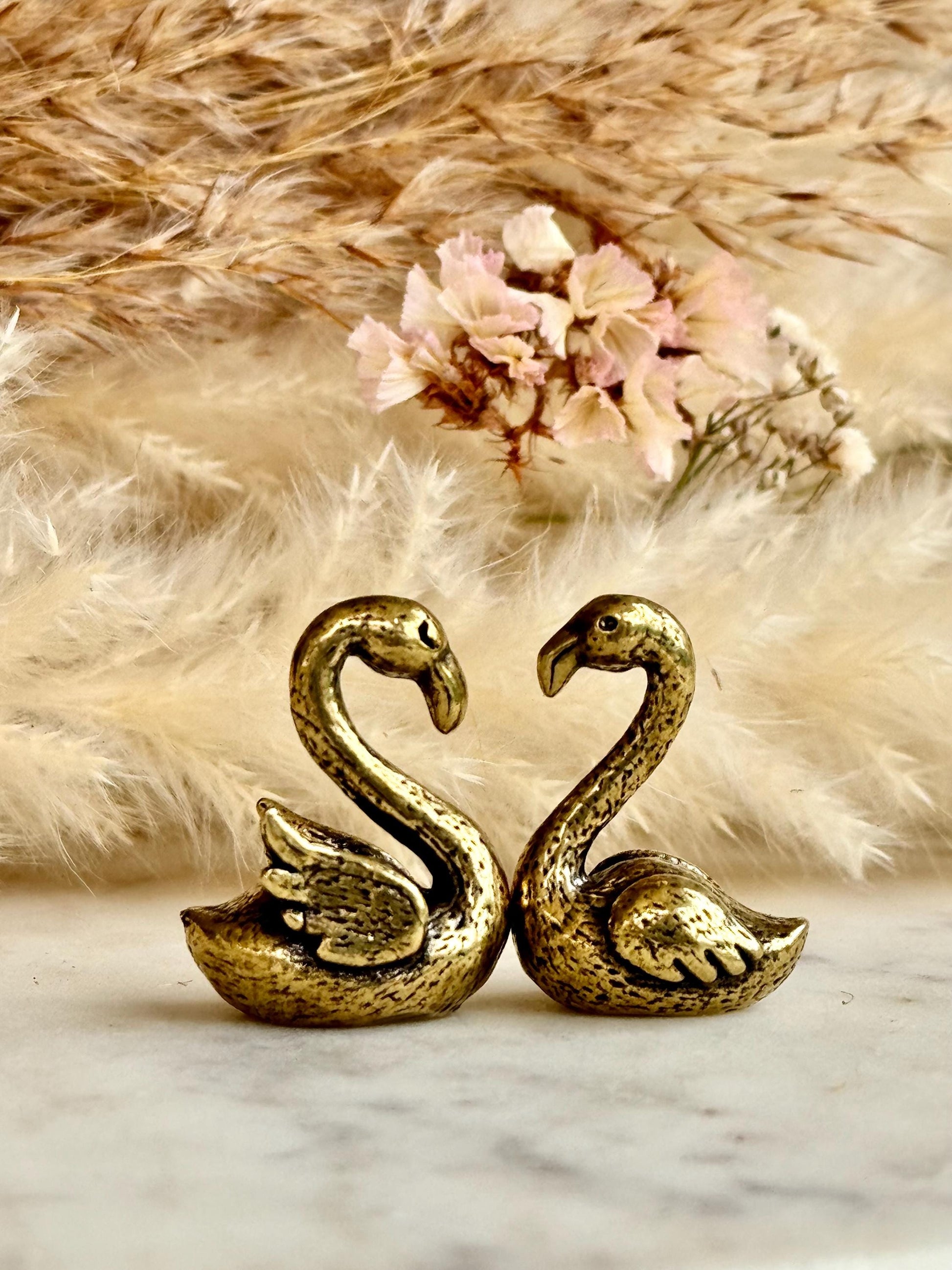 Pair of Solid brass couple of Swans figurines, tiny swans ornament, love talisman statue, Japanese style figurine, Small Flamingo statue