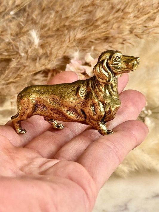 Lifelike solid brass dachshund figurine, beautiful German badger-dog statuette, metal sausage dog ornament, beautiful dog paperweight