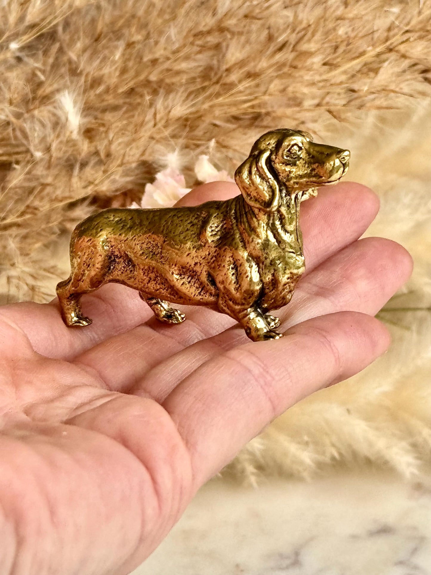 Lifelike solid brass dachshund figurine, beautiful German badger-dog statuette, metal sausage dog ornament, beautiful dog paperweight