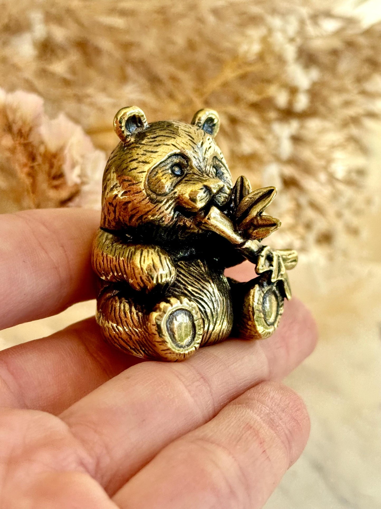 Endearing Baby Panda Eating Bamboo figurine, Solid brass adorable panda miniature, Panda with Bamboo sculpture, panda paperweight,
